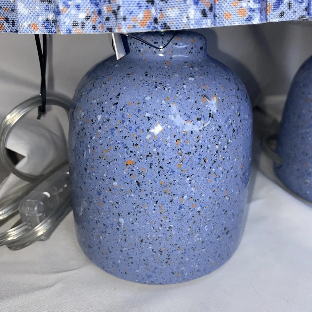 Set of 2 Mini Printed‎ Ceramic Base Table Lamps with Printed Pleated Shades NEW
